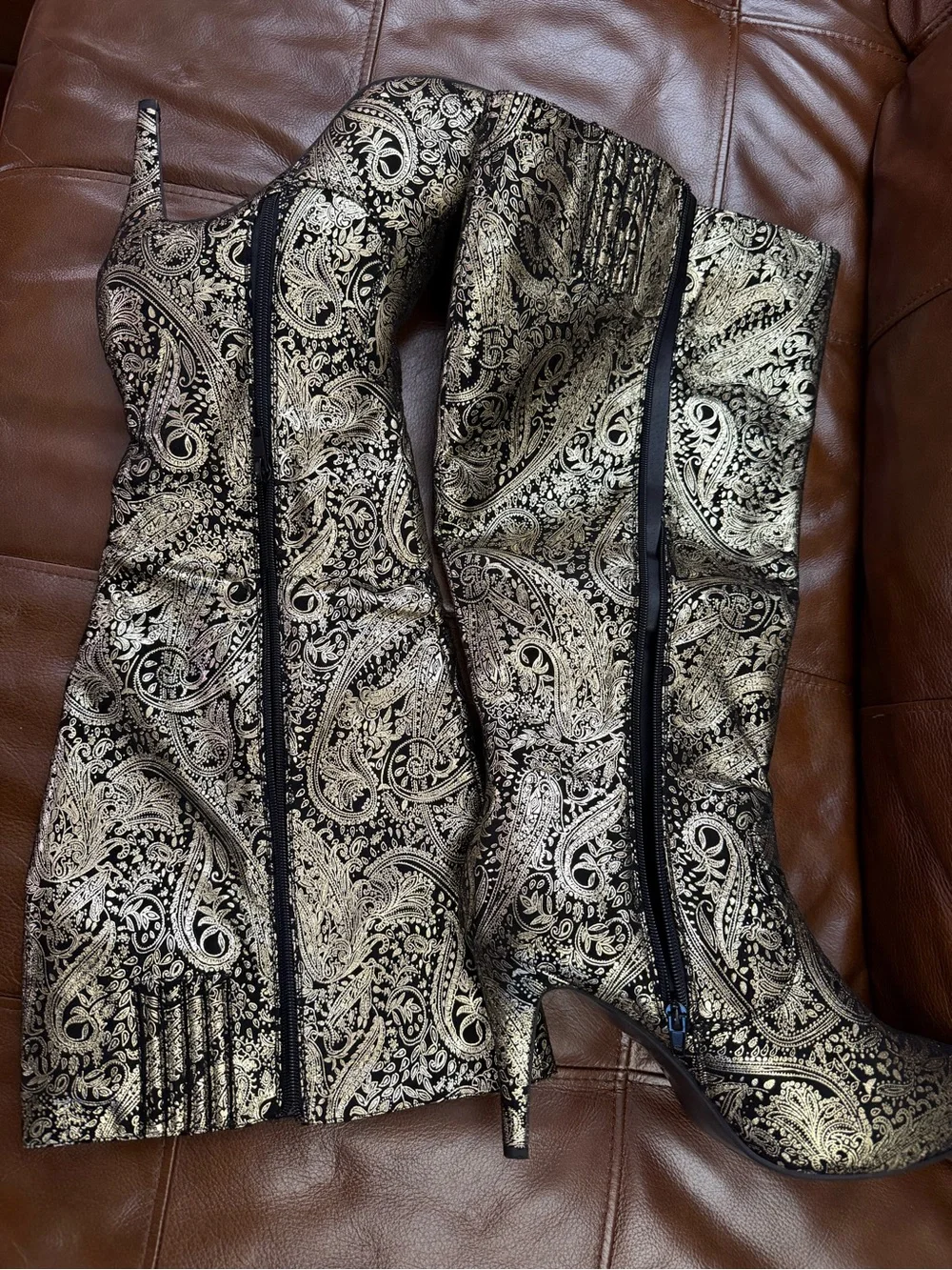 Ashley Stewart Black & Gold Paisley Over-the-Knee Stiletto Boots 10W (Wide Calf)